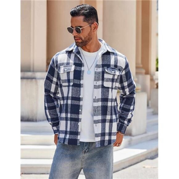 Men's Flannel Shirt Long Sleeve Plaid Casual Button Down Shirt with Pockets - Picture 2 of 7